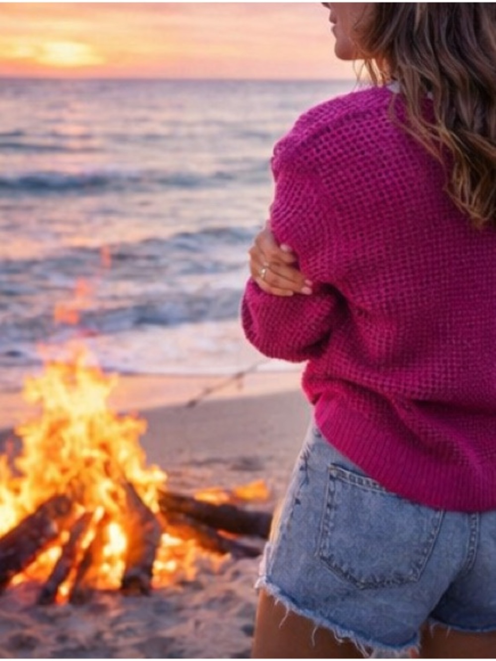 Fuchsia Waffle Knit Sweater Lightweight Boho Spring Summer Layer S